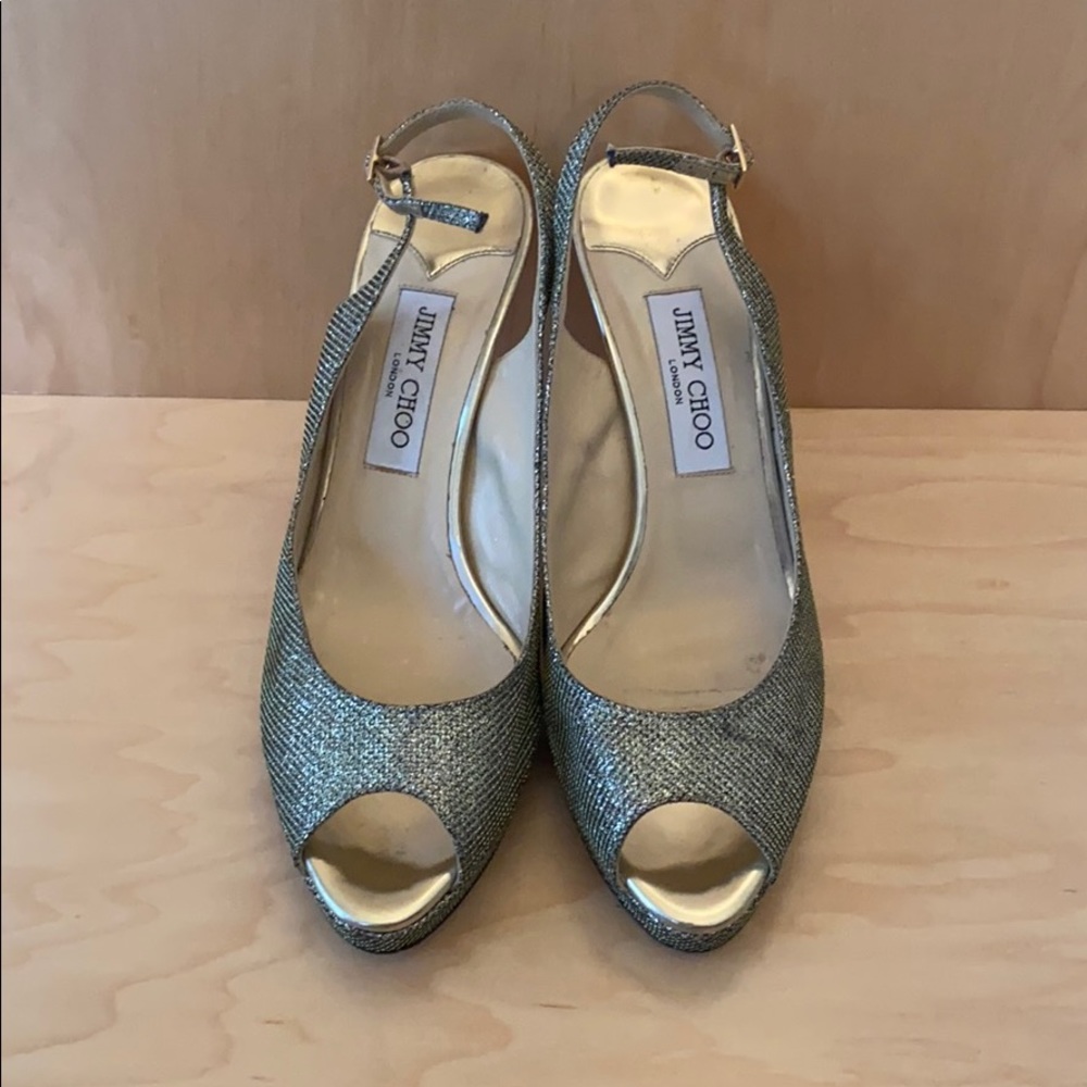 Jimmy Choo gold glitter peep toe sling back pumps